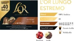 L'OR Lungo Estremo Koffiecups - Intensiteit 10/12 - 4 X 40 Capsules -Koffie Benodigdheden Korting 1200x676
