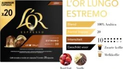 L'OR Lungo Estremo (10) - 10 X 20 Koffiecups -Koffie Benodigdheden Korting 1200x678 1