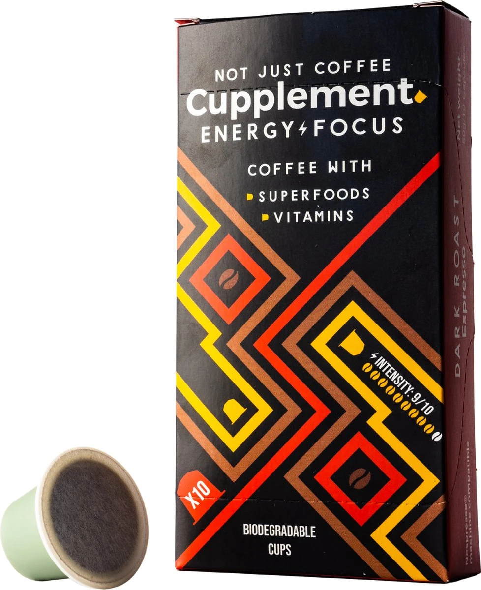 Cupplement Energy/Focus Blend Dark Roast Espresso - 10 Nespresso Koffiecups - Koffie Met Vitamines, Extra Cafeïne En Superfoods - Duurzame Biologische Afbreekbare Koffie Capsules 1 Cupplement Energy/Focus Blend Dark Roast Espresso - 10 Nespresso Koffiecups - Koffie Met Vitamines, Extra Cafeïne En Superfoods - Duurzame Biologische Afbreekbare Koffie Capsules